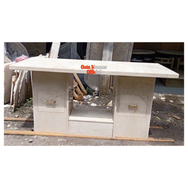 Meja + Laci Batu Marmer Putih Glosy Mengkilat Rapi Ukuran 160x60x80Cm