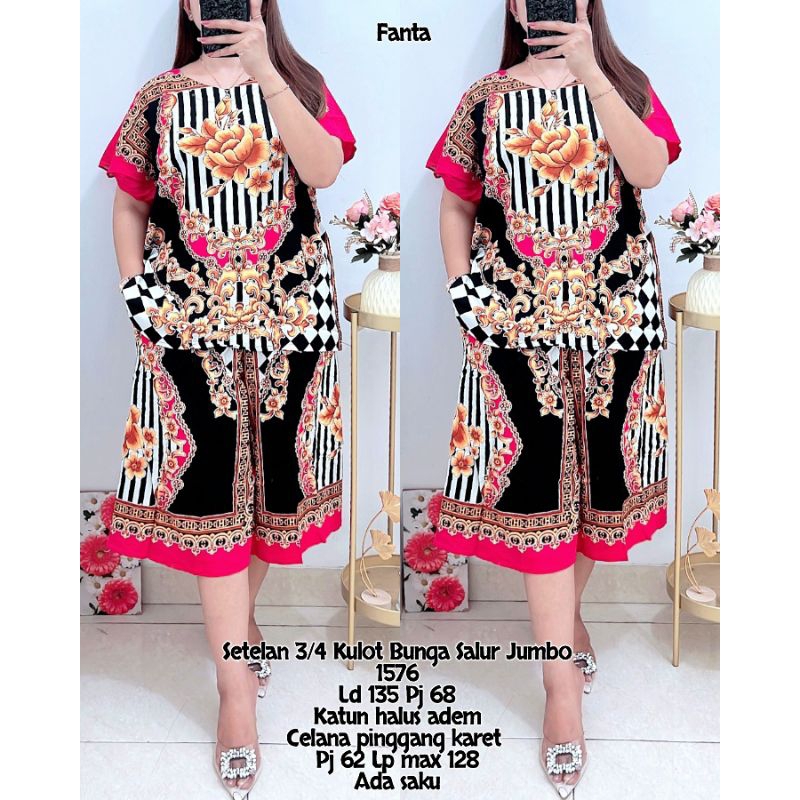 Set 1576 Setelan 3per4 Kulot Bunga Salur Jumbo 1576