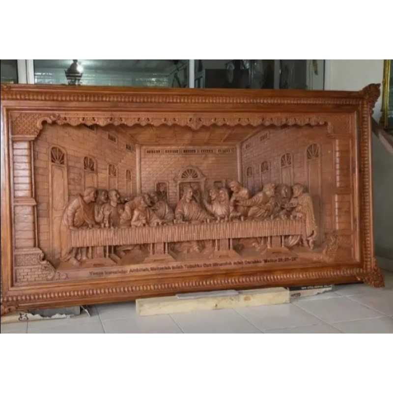 Hiasan Dinding Karya Seni Ukir Relief 3D Motif Perjamuan Suci Kudus / Ukiran Relief 3D Kayu Jati
