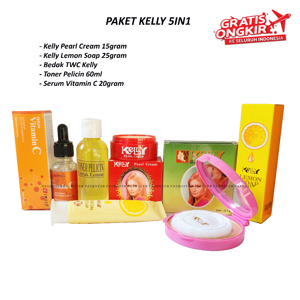 PAKET SKINCARE KELLY 5IN1 - Serum Vit C - Toner Extra Lemon 60 ml - Cream Kelly 15 gr - Kelly Soap L