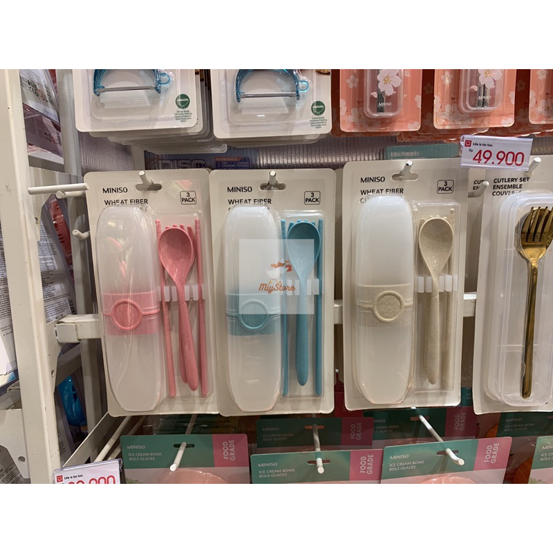 MINISO Japan Style Wheat Fiber Cutlery Set 3 Pack Sendok Garpu Sumpit
