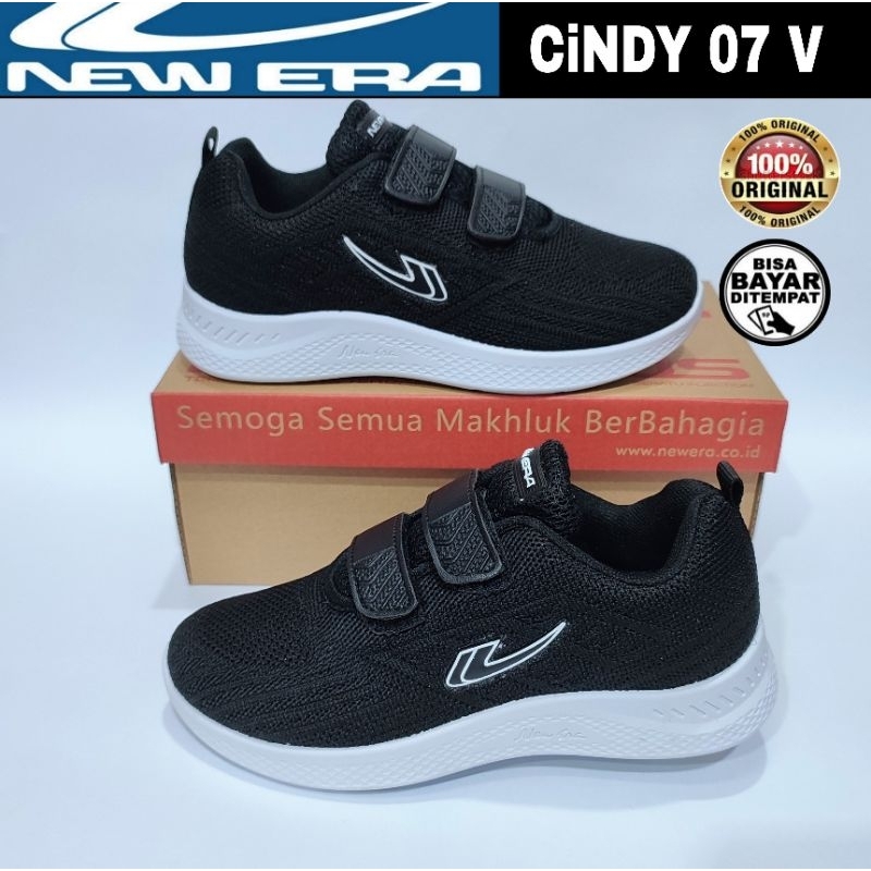 NEW ERA Sepatu Sekolah Anak Perempuan Kecil Tanggung Sd Tk Paud Perekat Tempel Tanpa Tali Hitam Putih Pink Original 29 sd 32