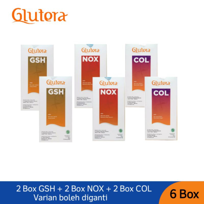 Paket Glutera Glutathione (GSH) + Nitric Oxide (NOX) + Collagen (COL) - 6 Box Bebas Pilih Varian