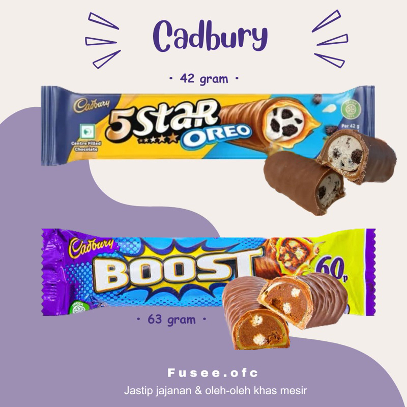 

Cadbury Chocolate / Cadbury Duo Boost bar choco / Cadbury five star choco with oreo / jastip mesir.