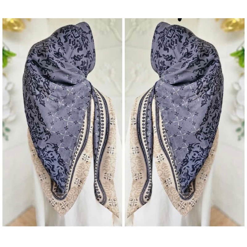 Hijab Voal Motif Premium / Hijab Voal Segi Empat / Hijab Syari / Jilbab Motif Segi Empat Denim Biru 