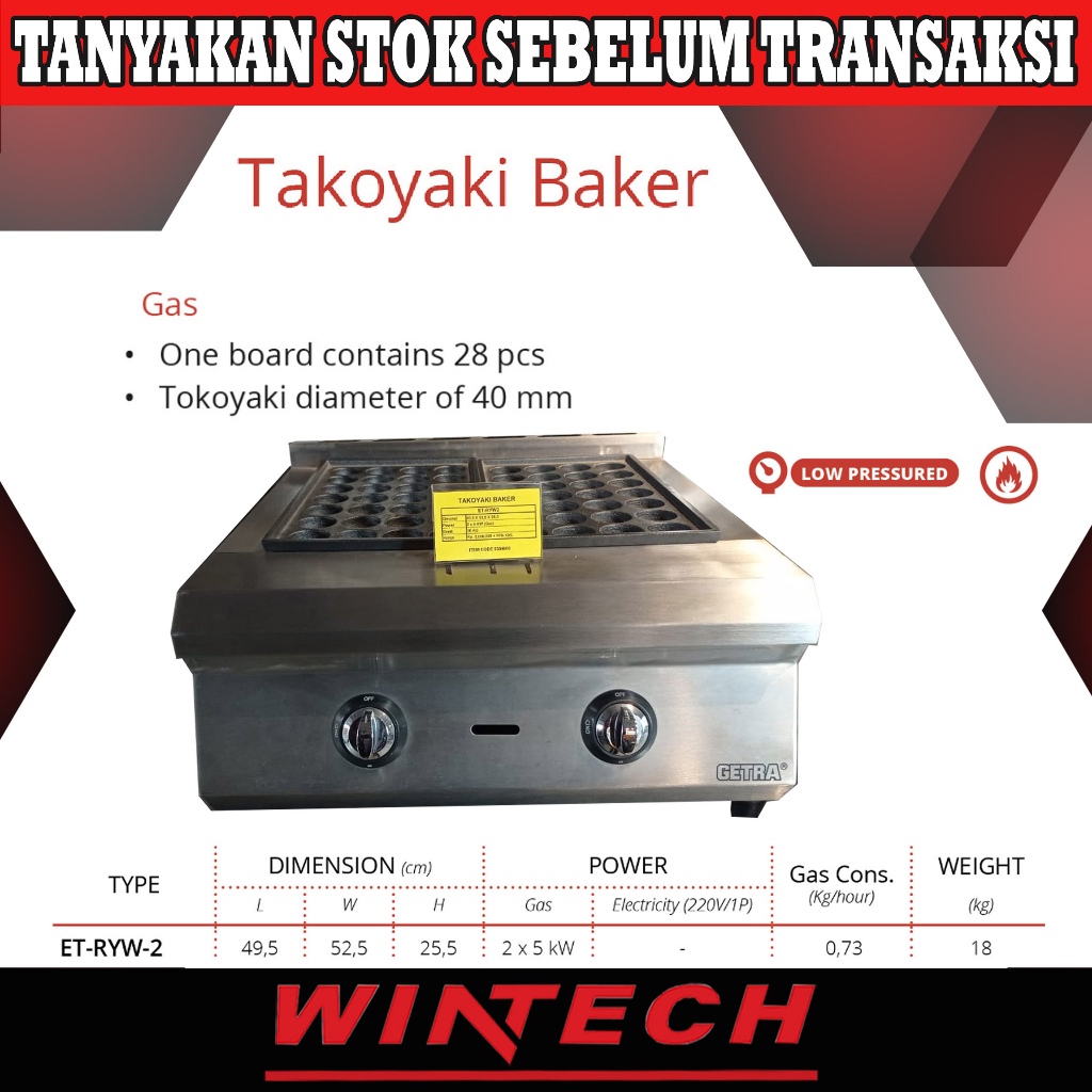 KHUSUS INSTANT GETRA ET-RYW-2 GAS TAKOYAKI BAKER -  MESIN BUAT TAKOYAKI -- Takoyaki Gas - Mesin Tako
