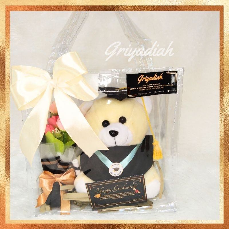 hampers wisuda/hadiah wisuda buket dan boneka dalam tas transparan