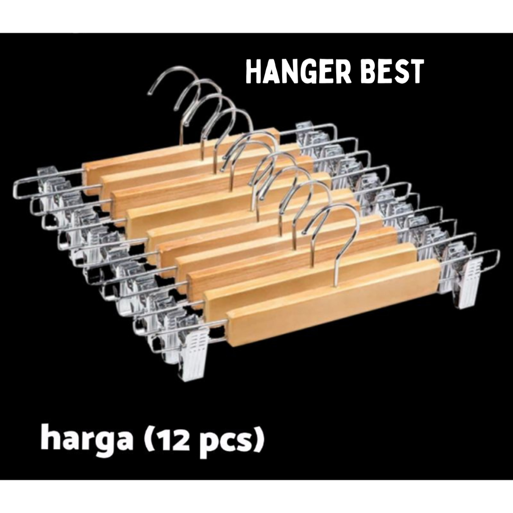 Hanger Kayu Jepit Besi 262 Dewasa Natural / Gantungan Celana Jeans Pakaian( HARGA 12 pcs )