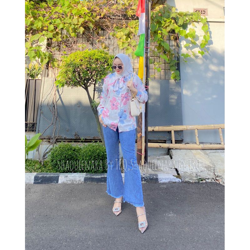 One Set Celana Jeans Cutbray Pinggang Karet Kemeja Katun Shakila Import Premium Original Shaqueenara