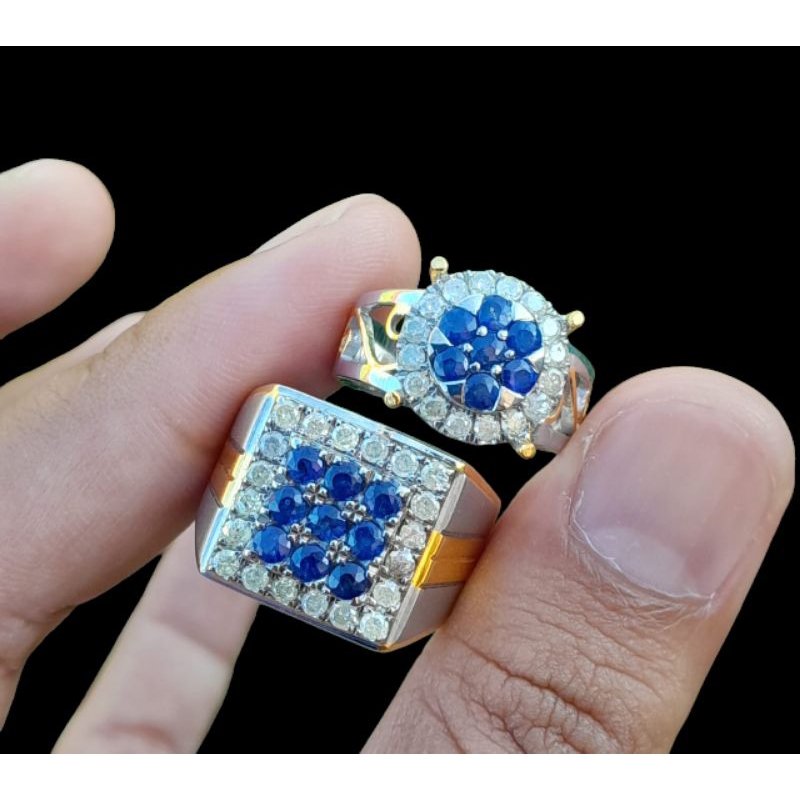 cincin berlian couple mata utama masing masing natural blue safir keliling full berlia eropa ring pe
