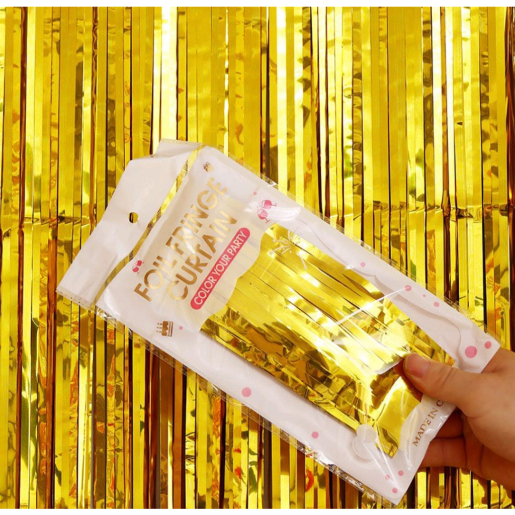 Dekorasi Perlengkapan Pesta Tirai Rumbai Warna Gold Foil Backdrop Ulang Tahun Curtain Selinger