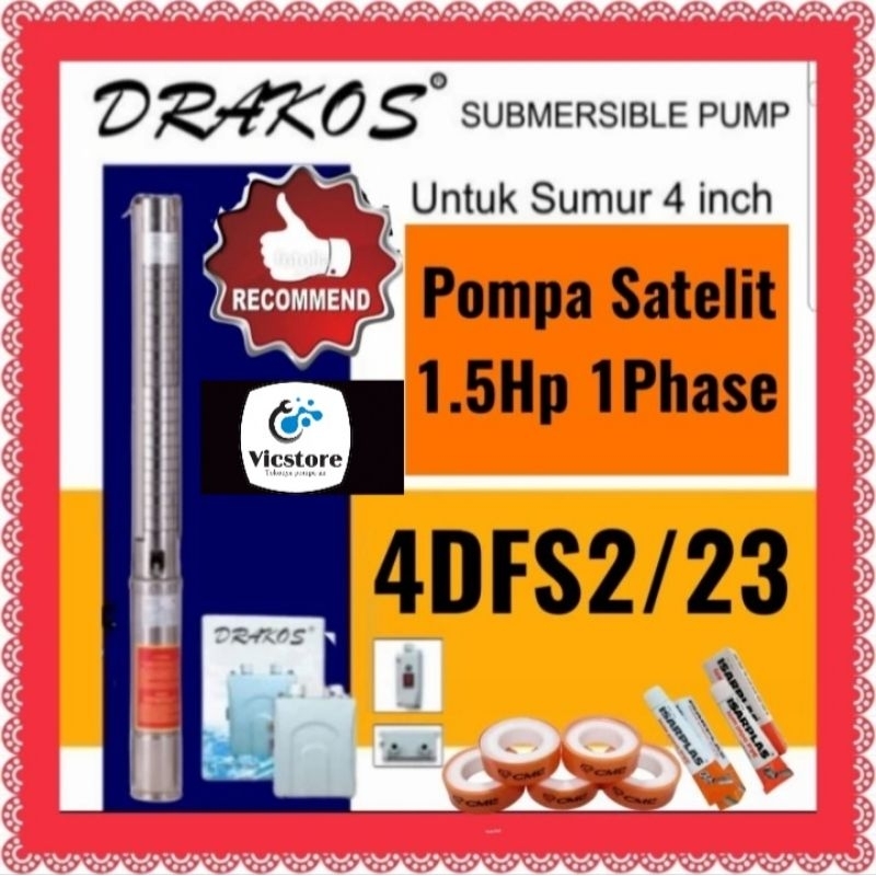 Pompa satelit Drakos 1.5hp 1phase 4inch 4dfs2/23 submersible 4"
