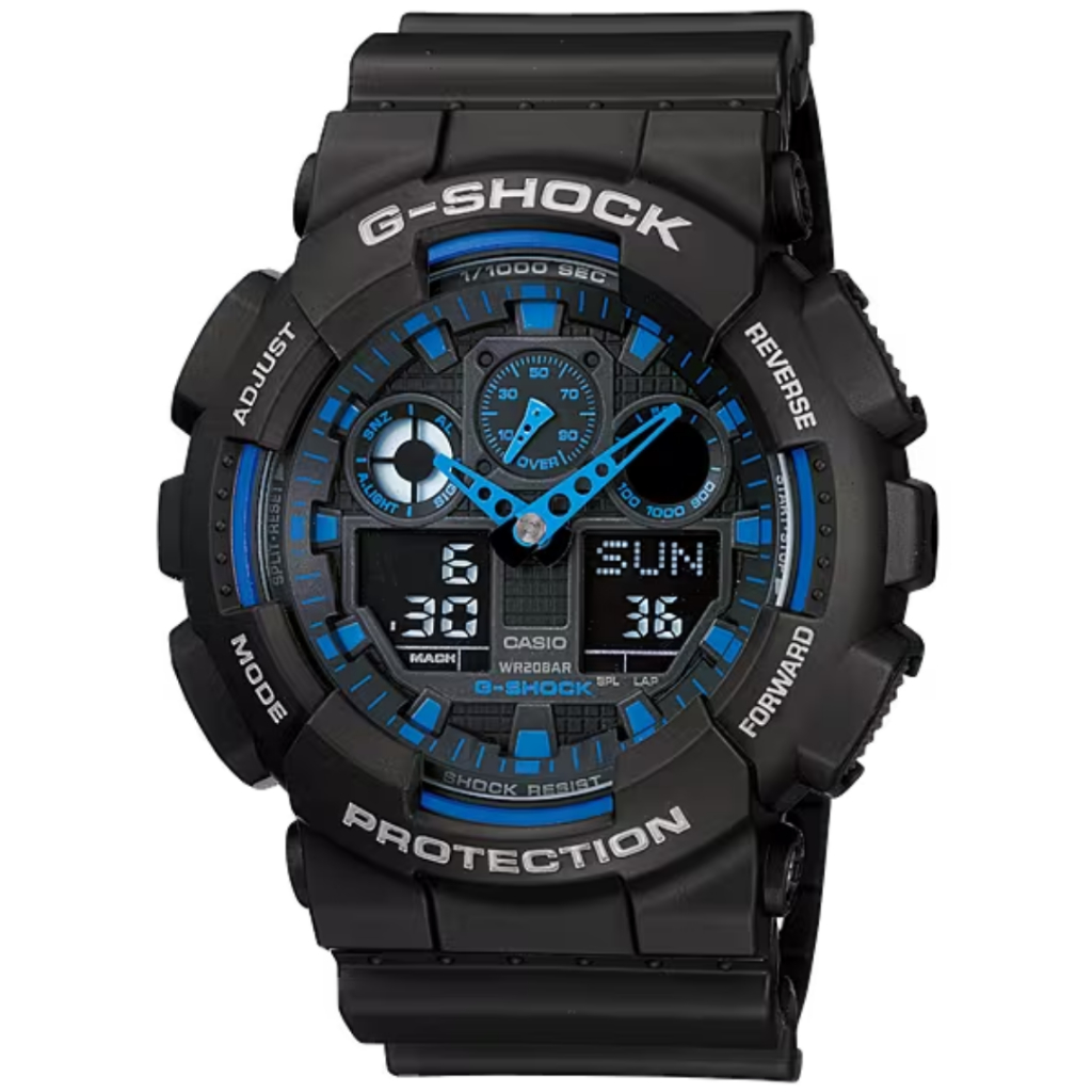 JAM TANGAN PRIA G-SCHOCK GA100 GA 100 GA-100 1A2 BLACK BLUE GIDITAL ANALOG RESIN STRAP
