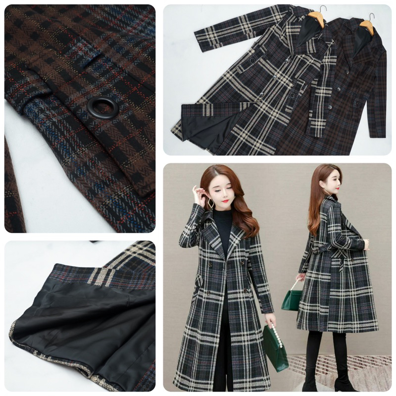 OUTER LONG COAT WANITA MOTIF KOTAK BAHAN WOOL PREMIUM