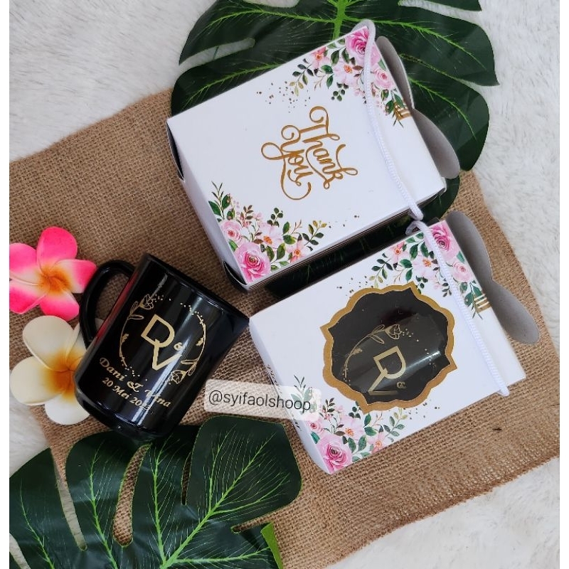 souvenir gelas gagang hitam laminasi CUSTOM CETAK kemas bok
