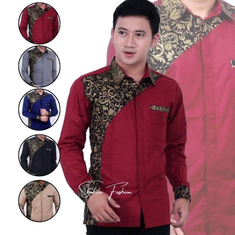 Baju Batik Pria Lengan Panjang Kombinasi Prada Gold Motif Celurit Kemeja Batik Pria Dewasa Pakaian M