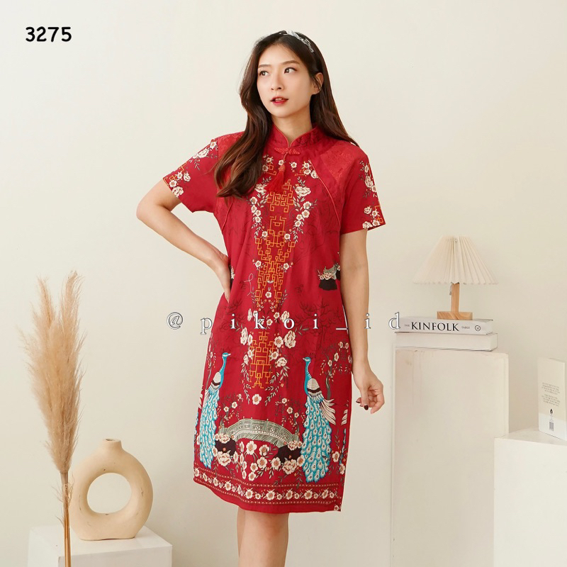 Dress Cheongsam Batik Merah CNY / Dress Congsam Qipao Sincia Katun Stretch / 3205 2866 3203