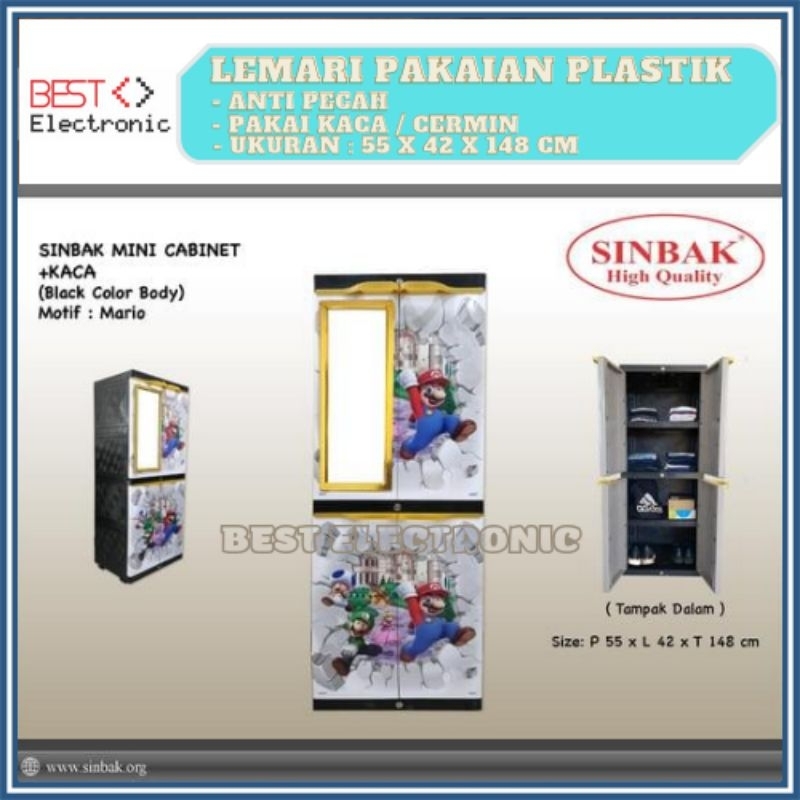LEMARI PLASTIK SINBAK MINI CABINET KARAKTER LEMARI PAKAIAN 2 PINTU PAKAI KACA + KUNCI