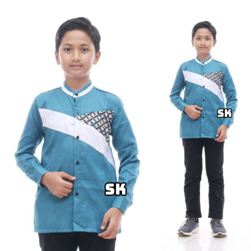 ATASAN BAJU KOKO ANAK COWOK LENGAN PANJANG POLOS KOMBINASI BATIK WARNA BIRU TOSCA PUTIH MERAH ABU SI