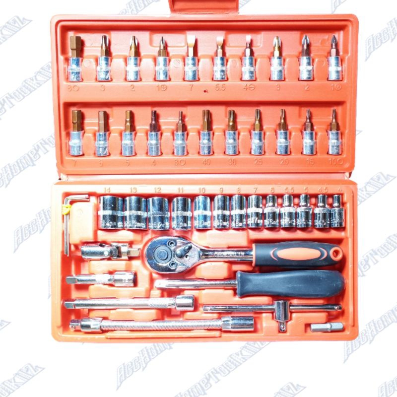 Kunci Socket Tool Kit Ring Pas Full Lengkap Set 1/4&quot; 46pcs Kunci sock Wrench Motor Mobil 46 Pc Stang Ratchet Handle 1/4 Spanner Shock Sok Car Koleksi Komplit Mekanik