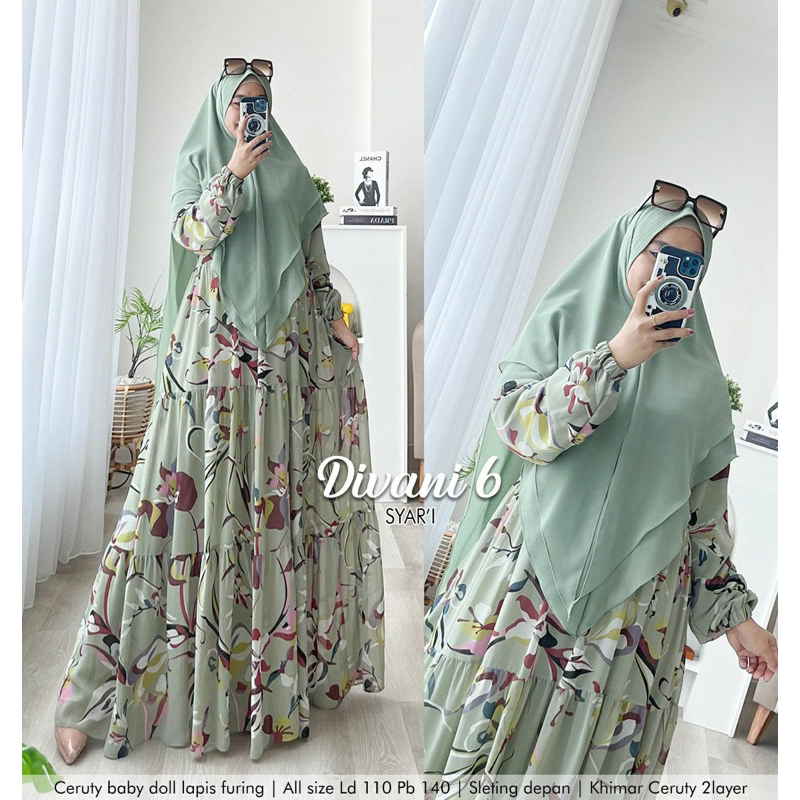 Humaira99 Gamis syari Divani 6/syari Divani 2 Motif terbaru Matt ceruty babydoll printing Gamis syar