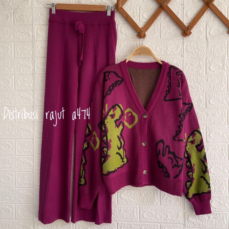 RANO ONESET CARDIGAN RAJUT MOTIF DINO SETELAN CELANA KULOT WANITA