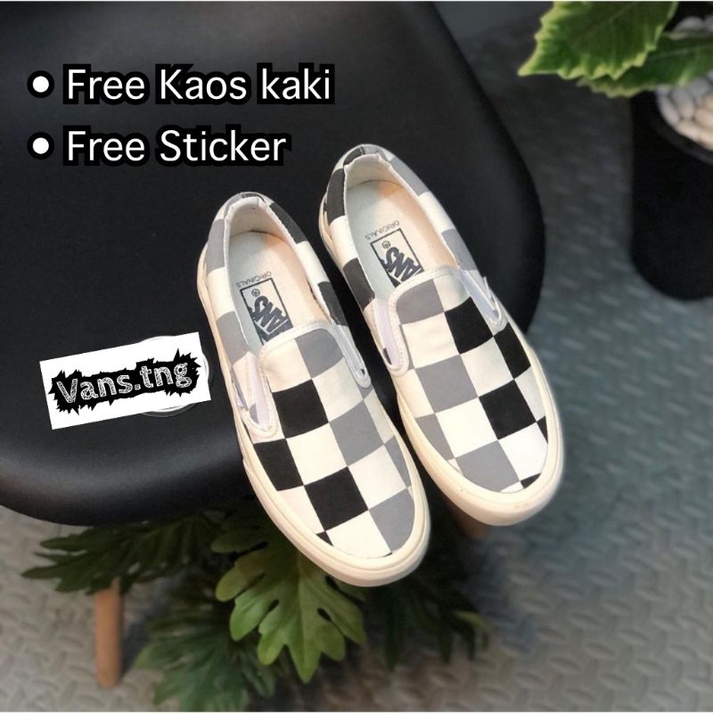 SEPATU VANS SLIP ON BIG CHECKERBOARD FORST GRAY / VANS SLIP ON HALF BIG CHECKERBOARD / VANS CATUR ABU PREMIUM TERLARIS