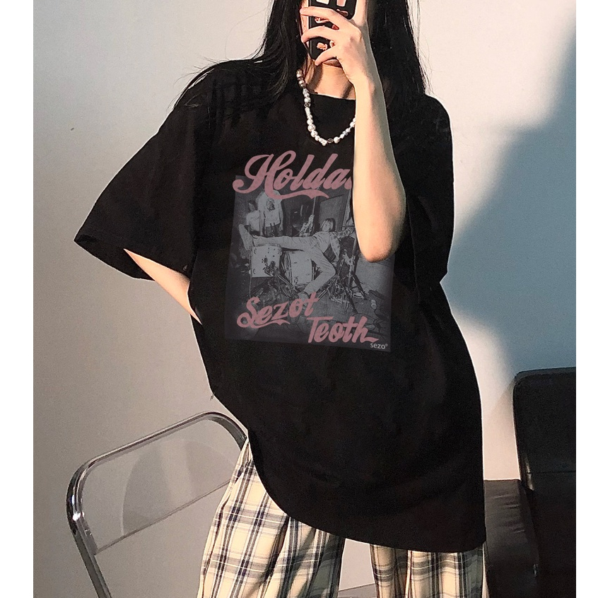 baju atasan wanita terbaru kaos american retro kaos import lengan pendek oversize kaos hitam ootd