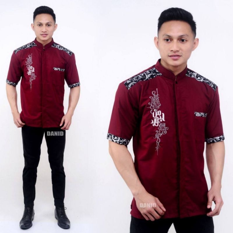 Baju Koko Pria Baju Koko Muslim Baju Koko Kombinasi Batik Lengan Pendek P027