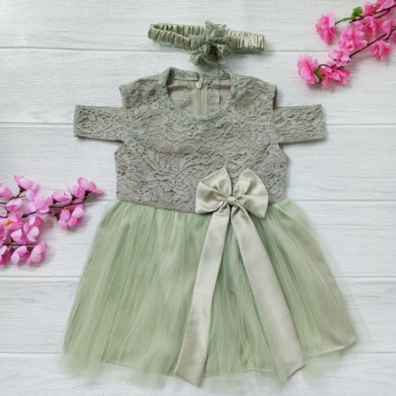 Realpict Dress Gaun Pesta Kondangan Bayi Brukat Tile Satin Sage Green Free Bando Anak 6-12 Bulan Jah