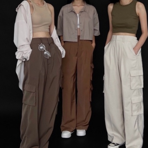 Celana Cargo Pants / Celana High Waist Loose Cargo Pants Delcy / Celana Kargo Wanita Highwaist HOPYLOVY