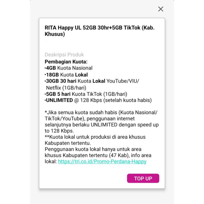 Tri ISI ULANG PAKET DATA TRI UNLIMITED 52 GB MURAH SE INDONESIA