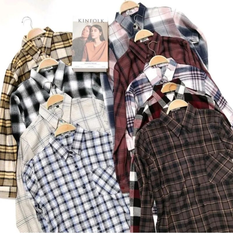 Hem Flanel Cowok Cewek Lengan Panjang Kemeja Flanel Wanita Lengan Panjang