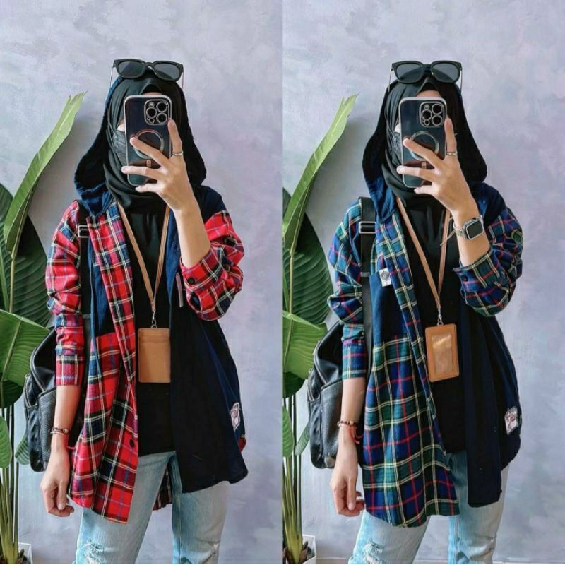 Tartan Hoodie #2, ATASAN HOODIE WANITA CANTIK MODIS FIT XXL LD 114 BAHAN LINEN PREMIUM MIX FLANEL KANCING AKTIF TERMURAH OOTD KEKINIAN TERLARIS