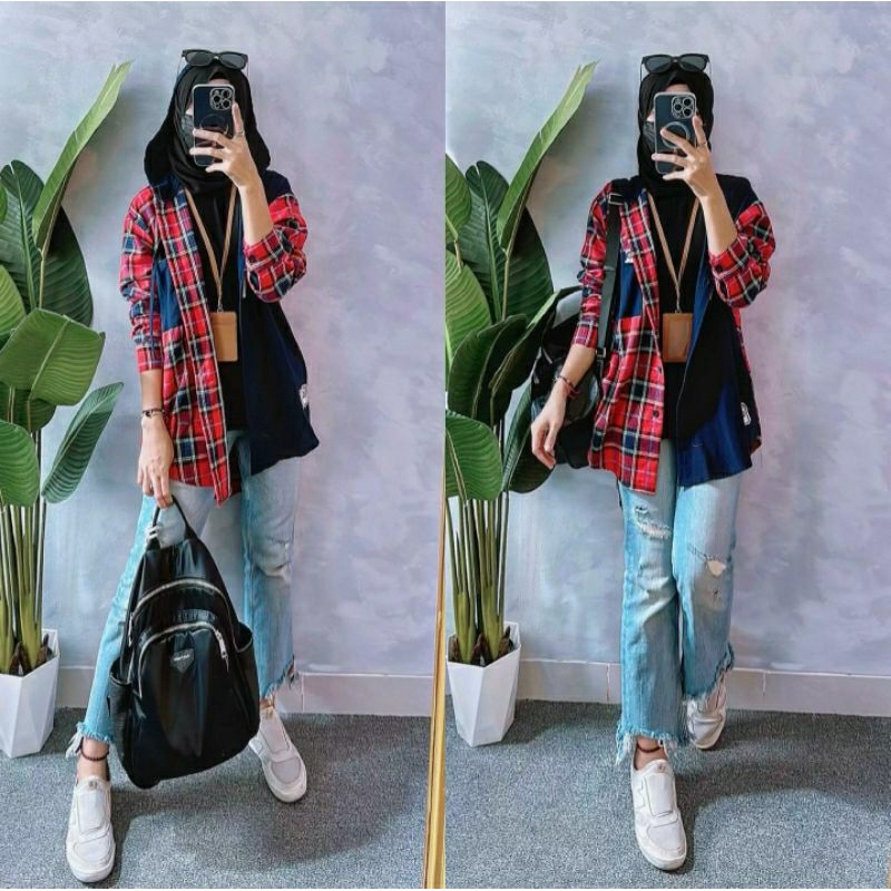 Tartan Hoodie #2, ATASAN HOODIE WANITA CANTIK MODIS FIT XXL LD 114 BAHAN LINEN PREMIUM MIX FLANEL KANCING AKTIF TERMURAH OOTD KEKINIAN TERLARIS