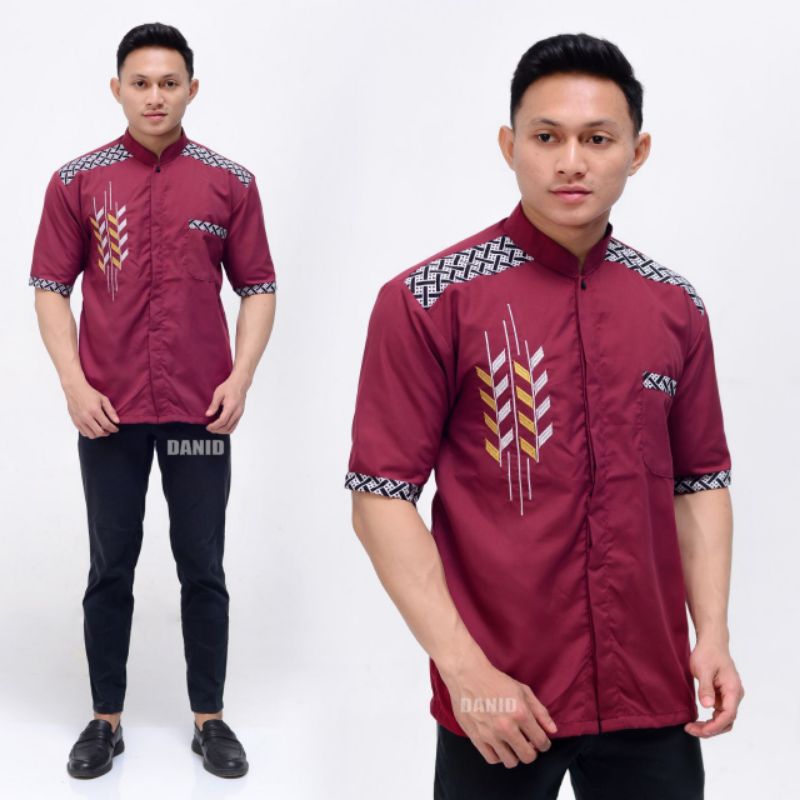 Baju Koko Dewasa Baju koko bordir Lengan pendek Baju koko Model Bordir Pari Baju Koko Pria Baju Koko Muslim Baju Koko Kombinasi Batik Lengan Pendek P027