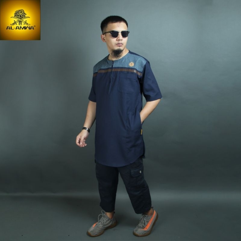 baju koko kurta oblong pria warna Navy by al amwa Premium-Kurta Pakistan Lengan Pendek Kombinasi Gar