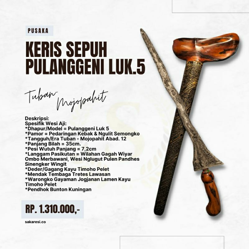 Keris Sepuh Wingit Pulanggeni Luk 5 ORI Tus asli Kuno Langka Antik Lawas Jadul Otentik Wrongko Deder