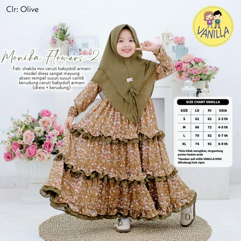 SET SYARI KIDS MONIKA FLOWERS 2 dan 6 GAMIS ANAK LEBARAN RAMADHAN FLOWER BAHAN SHAKILA PREMIUM Usia 
