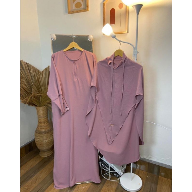 Abaya set kerudung crinkle terbaru/abaya aksen tangan balon kancing resleting / abaya busui / gamis 