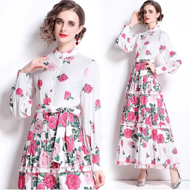 06670 Baju maxidress longdress FLORAL TIERED REMPEL RUFFLE lengan panjang dres Korea Korean style wa