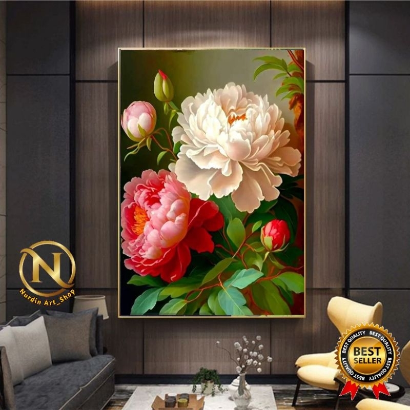 Lukisan Kanvas Bunga Peony Plus Frame