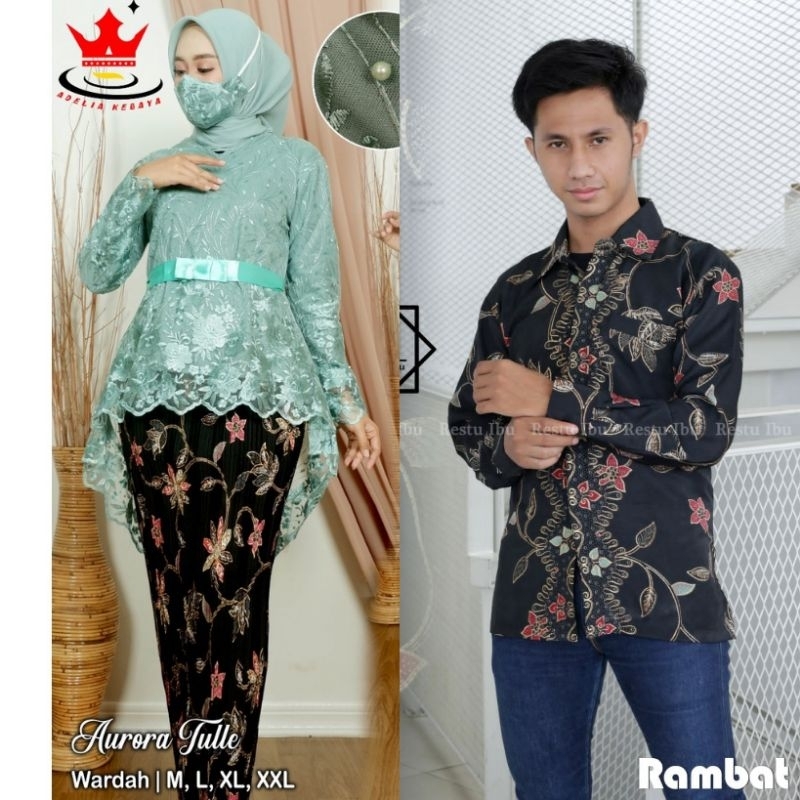 Kebayashopp - Couple Aurora Tulle Pita Set Kemeja Batik Pria Dewasa Lengan Panjang couple kebaya tunangan wisuda/couple kebaya keluarga/couple kebaya moderen/couple termurah/couple kebaya jumbo