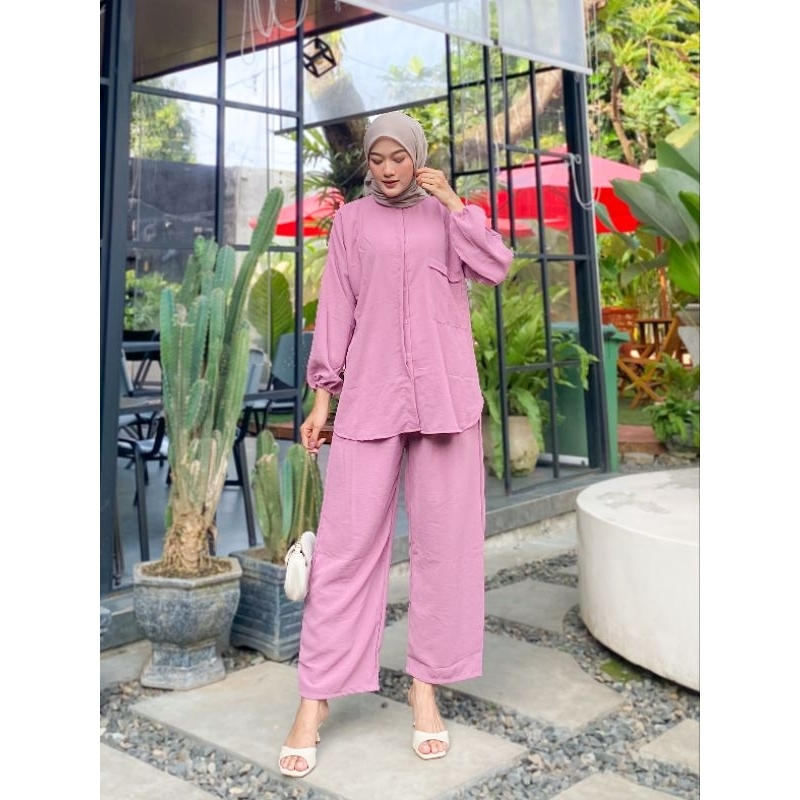 Camelia One Set Crinkle Air Flow Kekinian Setelan Wanita Terbaru One Set Polos Busui Setelan Kulot