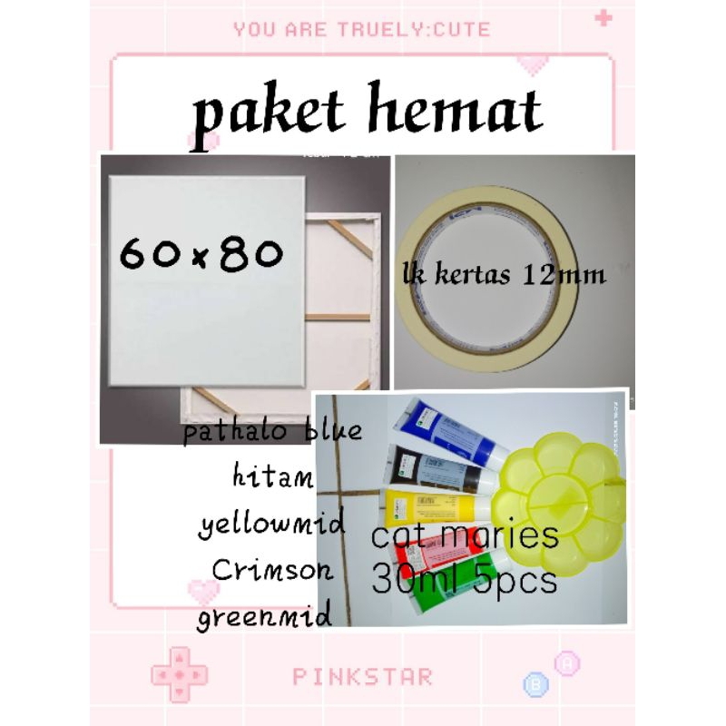 

paket kanvas 60x80 cat maries 30ml(kanvas.masking.palet.cat 5pcs)