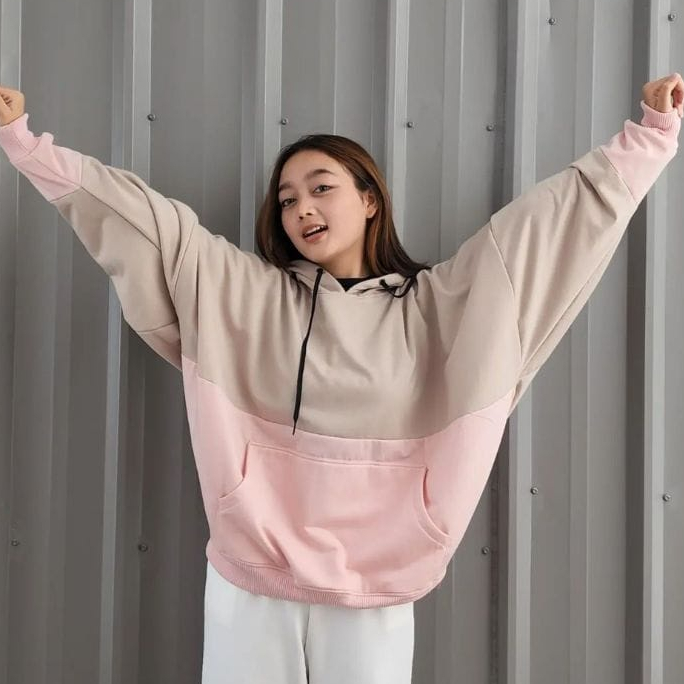 BATWING JUMBO 2TONE NATURAL HOODIE OVERSIZE - SWEATER HOODIE COMBINASI KOREAN STYLE