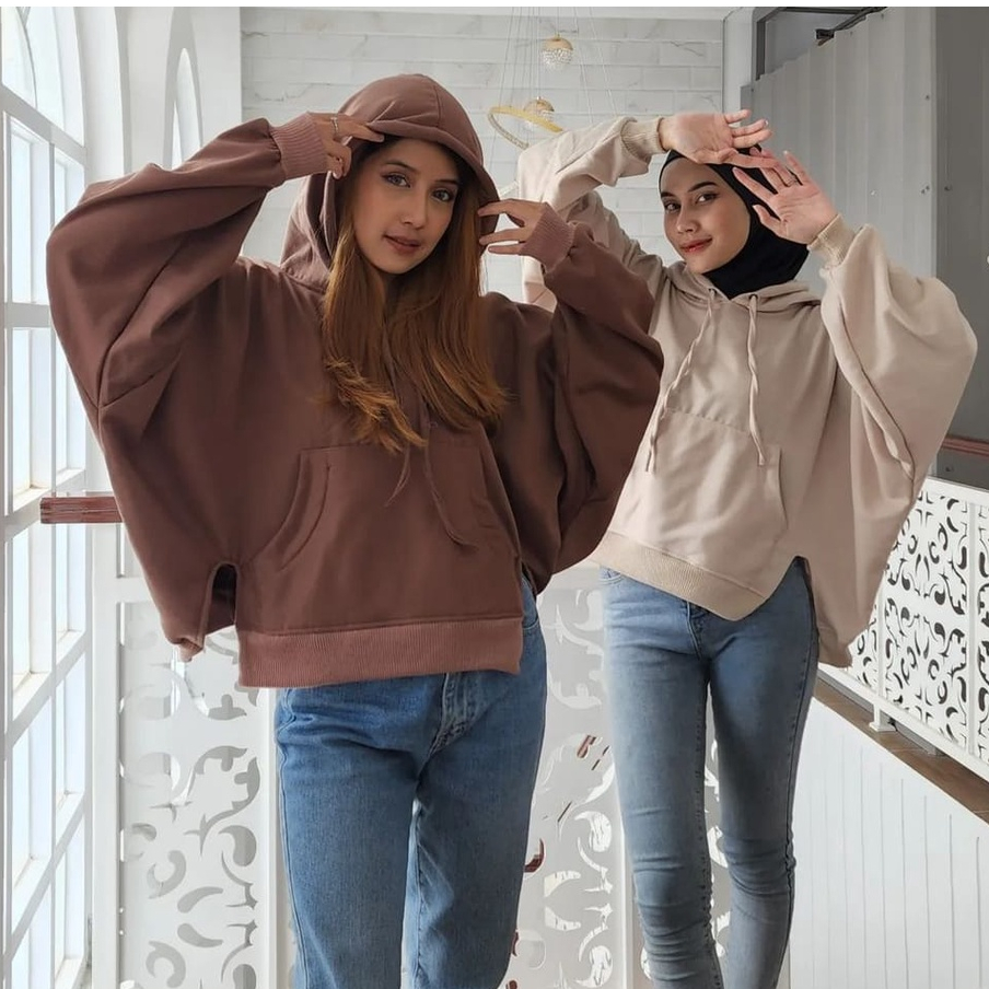 SLIT HOODIE CROOPE JUMBO BATWING OVERSIZE WANITA - SWEATER BIGSIZE WANITA HOODIE KOREAN STYLE