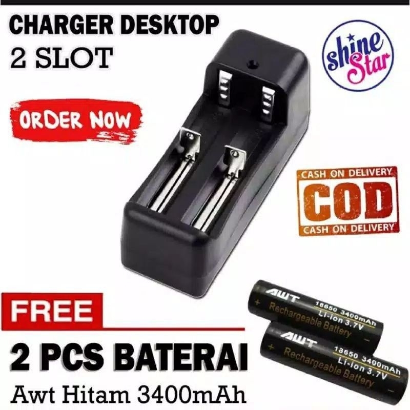 Paket Hemat Charger 2 Slot Plus 2 Baterai Imr 18650 Hitam 3000Mah