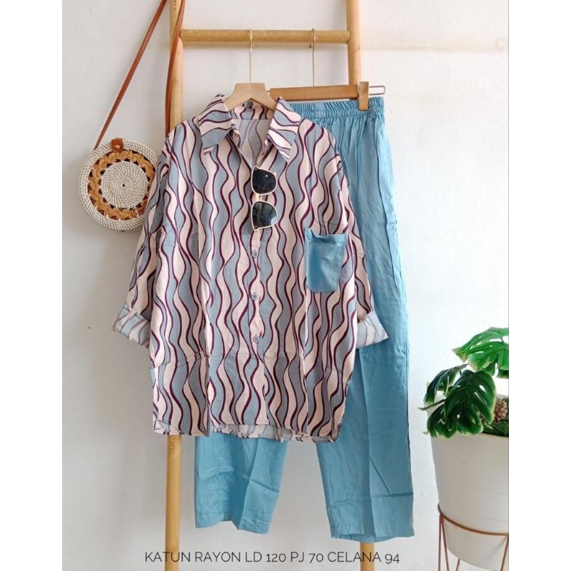 ONESET KEMEJA MOTIF PREMIUM// ONESET RAYON ORI MOTIF ZIGZAG BLUE BY GEMILANG CLOTHING