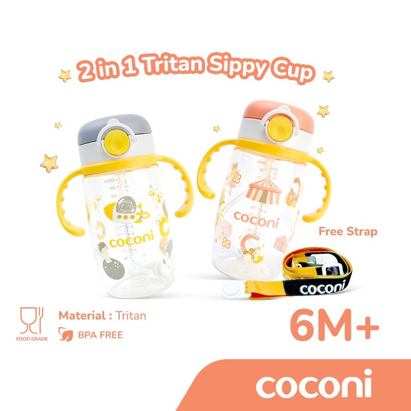 COCONI Tritan Sippy Cup with Strap 350ml | 360 Gravity Straw Baby Water Bottle Botol Minum Anak Bayi